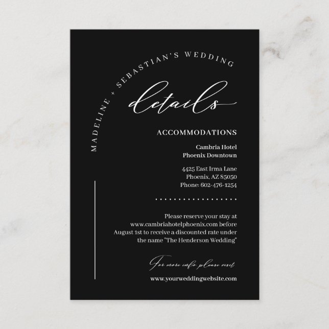 Black Elegant Modern Wedding Details Enclosure Card (Front)