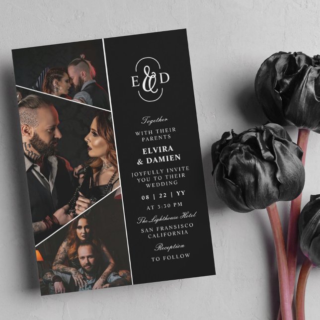 Black Elegant Monogram Asymmetrical Photos Wedding Invitation (Creator Uploaded)