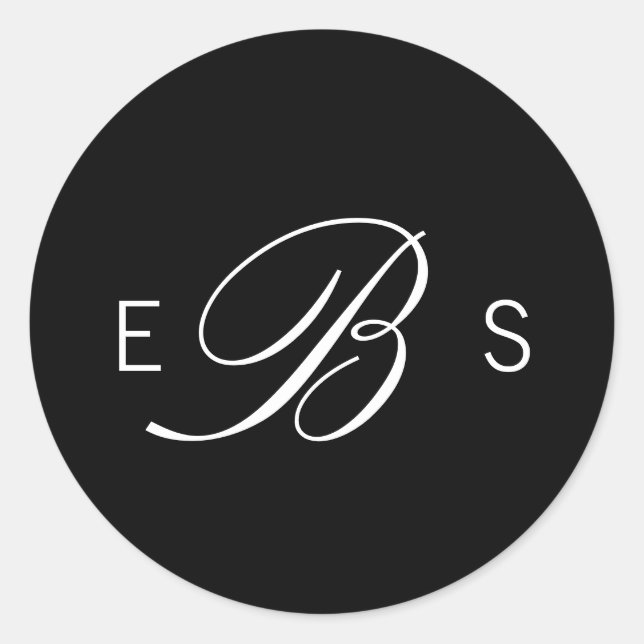 Black Elegant Monogram Circle Wedding Stickers (Front)