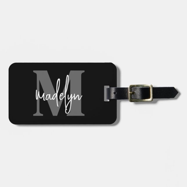 Black Elegant Monogram Name Luggage Tag (Front Horizontal)