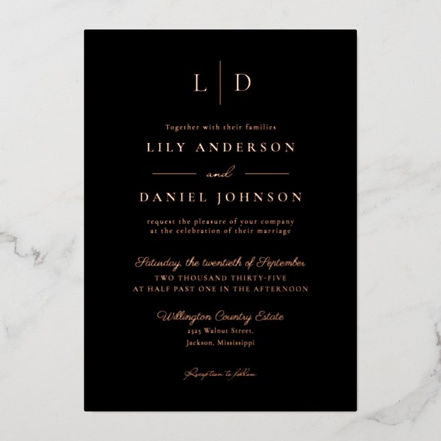 Black Elegant Monogram QR Code Wedding Rose Gold (Front)