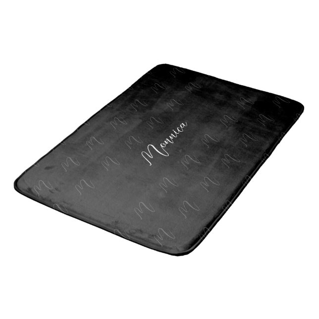 Black Elegant Monogram Script Bath Mat (Angled)
