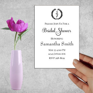 Black Elegant Monogram Wreath White Bridal Shower Invitation