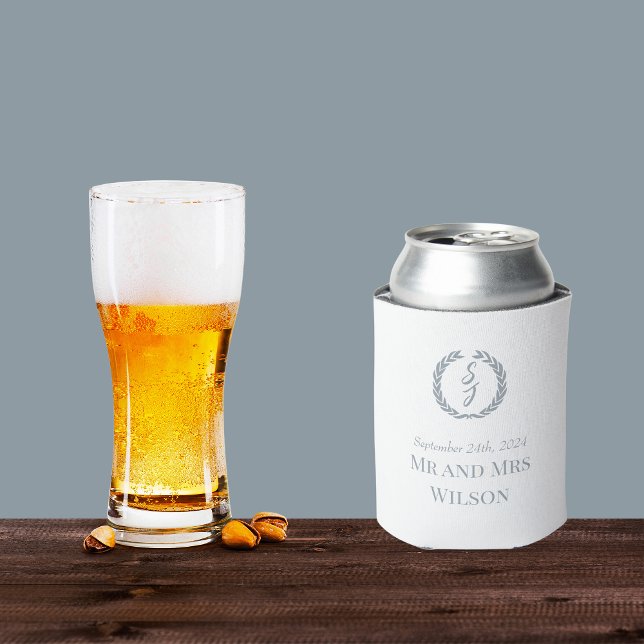 Black Elegant Monogram Wreath White Wedding  Can Cooler (Creator Uploaded)