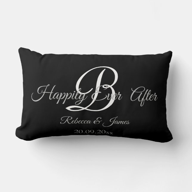 Black Elegant Monogrammed Happily Ever After Lumbar Cushion (Front)