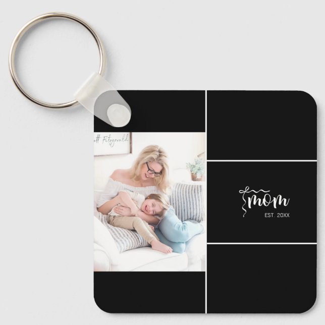 Black Elegant Mum Established Bow Add Photo Key Ring (Front)