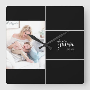 Black Elegant Mum Established Bow Add Photo Square Wall Clock