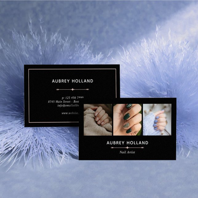 Black Elegant Nail Artist Photo Collage Business Card (Creator Uploaded)
