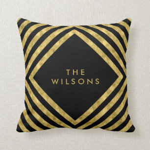 Black Elegant Name Geometric Square Lines Pattern Cushion