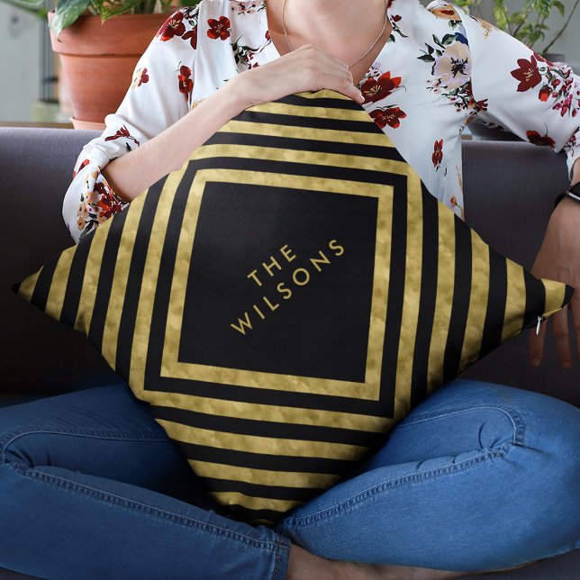 Black Elegant Name Geometric Square Lines Pattern Cushion (Creator Uploaded)