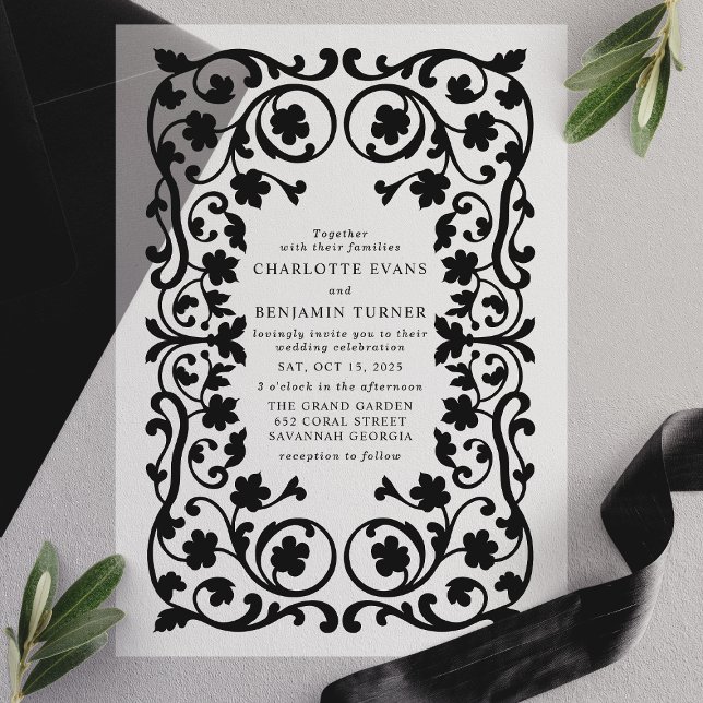 Black Elegant Ornate Floral Frame Wedding Vellum Invitations (Creator Uploaded)
