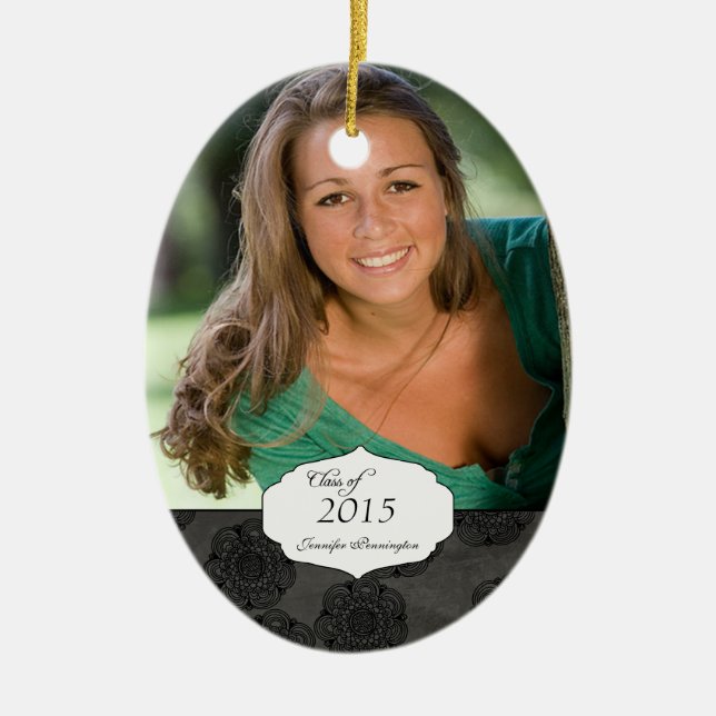 Black elegant pattern graduation photo ornament (Front)