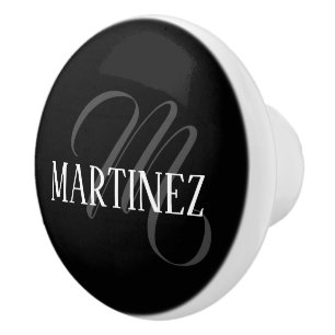 Black Elegant Personalised Last Name   Name Ceramic Knob