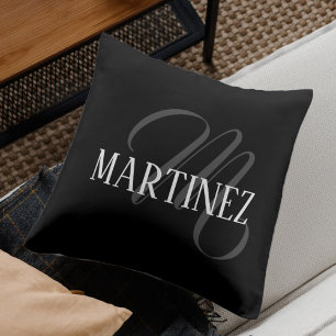 Black Elegant Personalised Last Name   Name Cushion