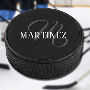 Black Elegant Personalised Last Name   Name Hockey Puck