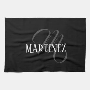 Black Elegant Personalised Last Name   Name Tea Towel