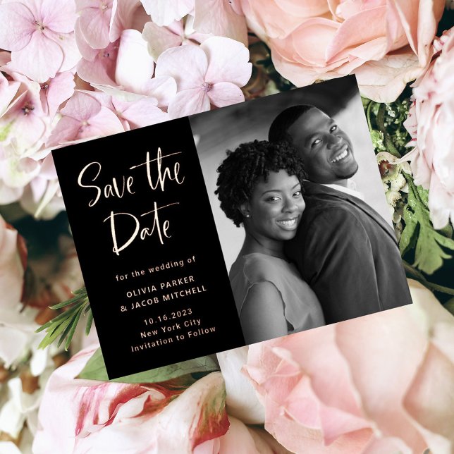 Black | Elegant Photo Save the Date Rose Gold Foil Invitation Postcard (Creator Uploaded)