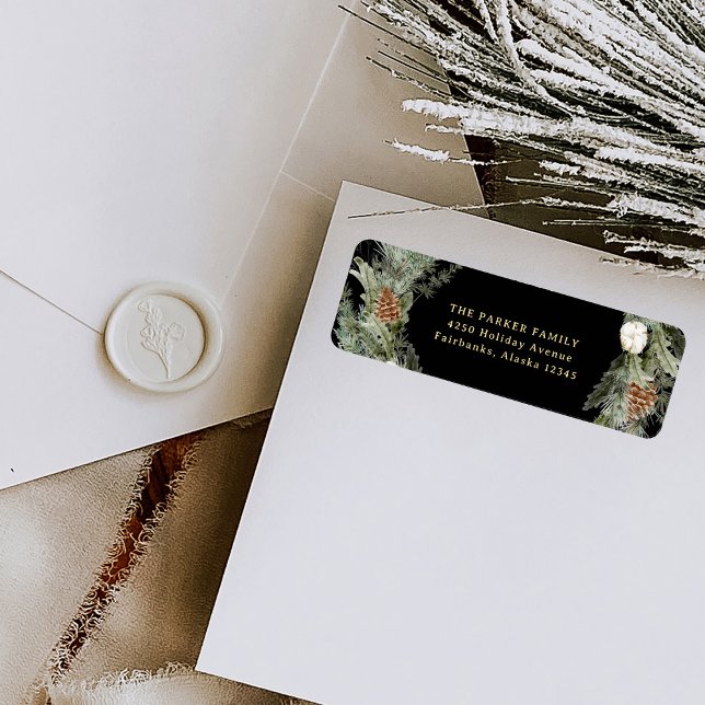 Black Elegant Pine Greenery | Gold Christmas (Elegant holiday return address labels with a traditional Christmas wreath)