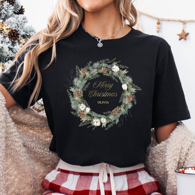 Black Elegant Pine Greenery | Gold Merry Christmas Tri-Blend Shirt (Creator Uploaded)