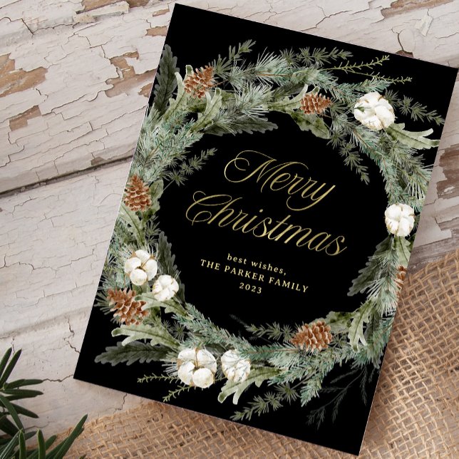 Black Elegant Pine Wreath | Gold Merry Christmas Holiday Card (An elegant, dark black holiday card with a traditional Christmas wreath and gold script)
