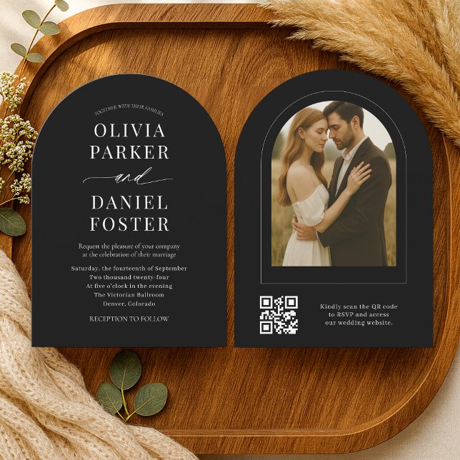 Black Elegant QR Code Photo Wedding  Invitation (Creator Uploaded)