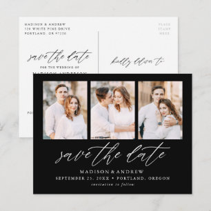 Black Elegant Script 3 Photo Collage Save the Date Announcement Postcard