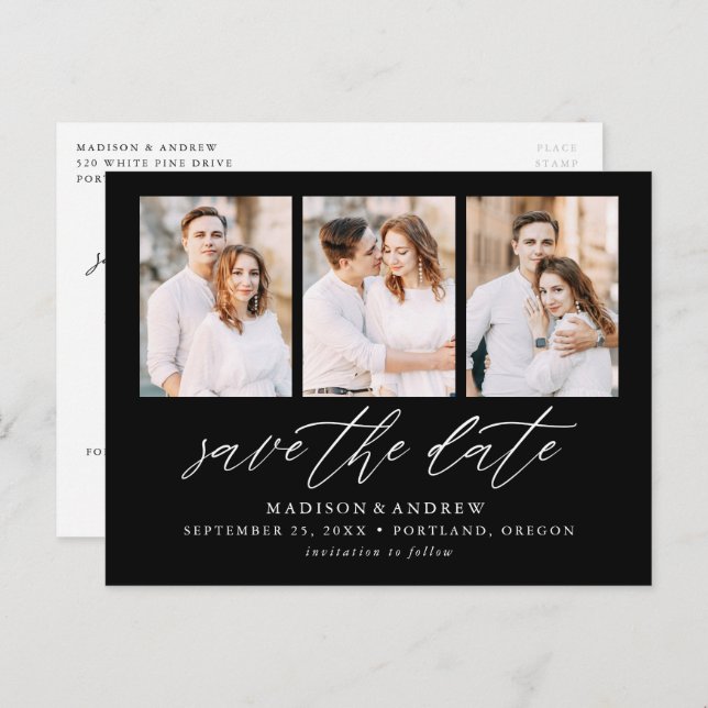 Black Elegant Script 3 Photo Collage Save the Date Announcement Postcard (Front/Back)