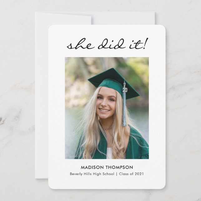 Black Elegant Script Calligraphy Graduation Photo Announcement (Front)
