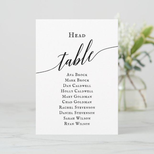 Black Elegant Script Head Table Seating Chart Invitation (Standing Front)