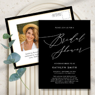 Black Elegant Script Minimalist Chic Bridal Shower Invitation Postcard
