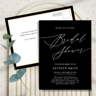 Black Elegant Script Minimalist Chic Bridal Shower Invitation Postcard
