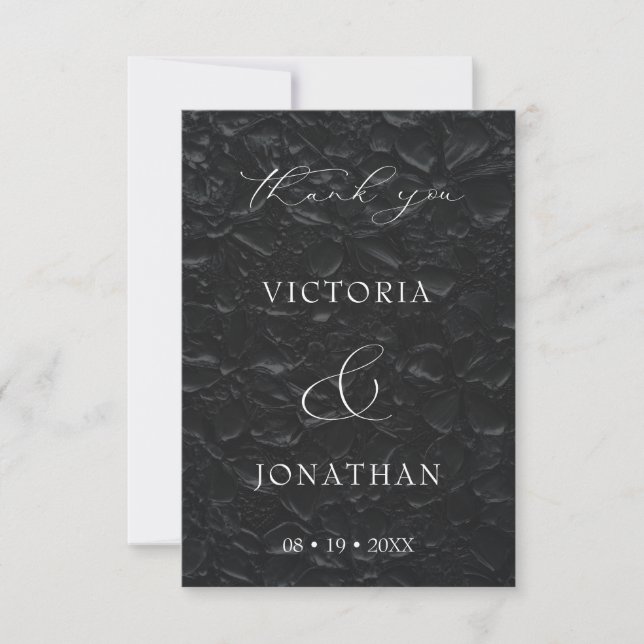 Black Elegant Script Photo Wedding Thank You Card (Front)