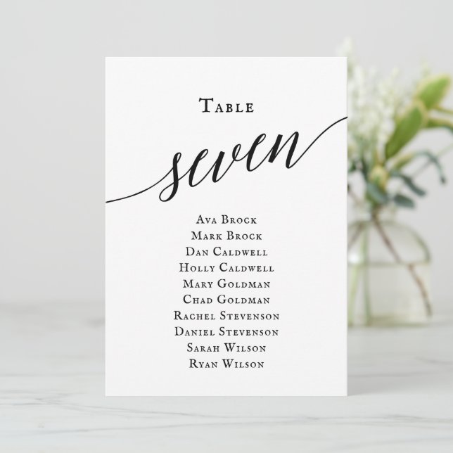 Black Elegant Script Table Number 7 Seating Chart (Standing Front)
