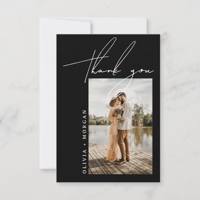 Black Elegant Script Typography Photo Wedding Thank You Card (Front)