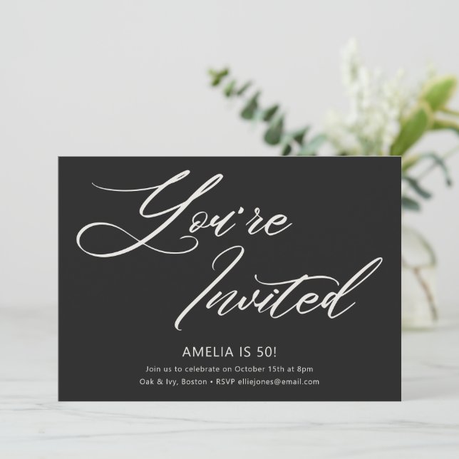 Black Elegant Script You're Invited 50th Birthday Invitation (Standing Front)
