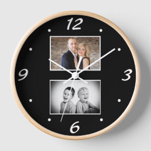 Black Elegant Simple 2 Photo Collage Clock