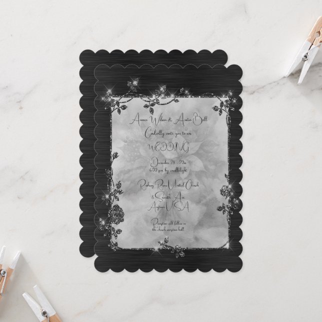 Black Elegant Sparkly Frame After Christmas Weddin Invitation (Front/Back In Situ)