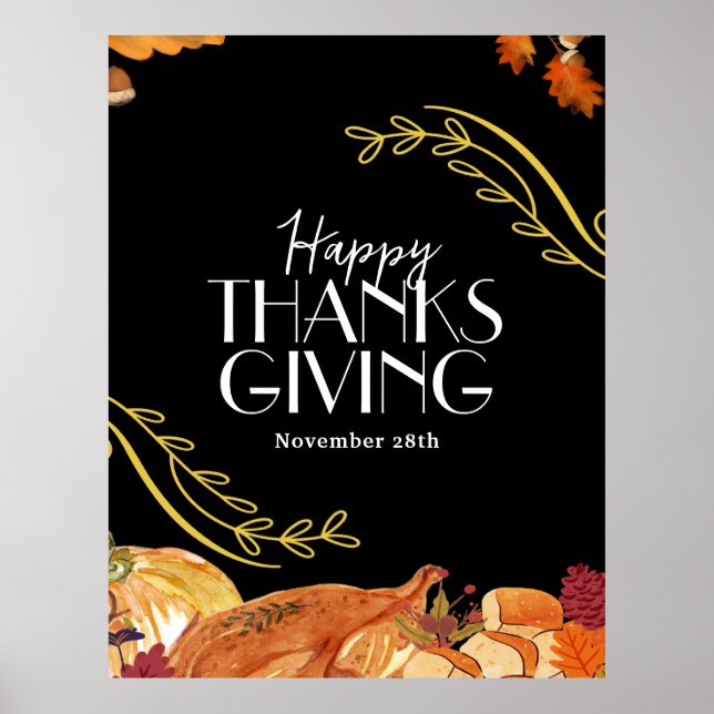 Black Elegant Thanksgiving dinner party Printable Poster (Front)