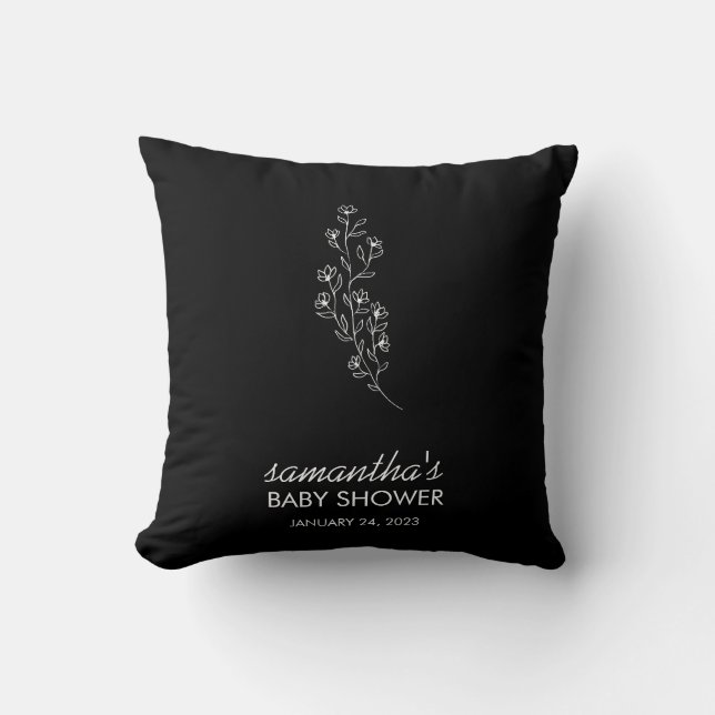 Black Elegant Tiny Handdrawn Sketch Flower Cushion (Front)