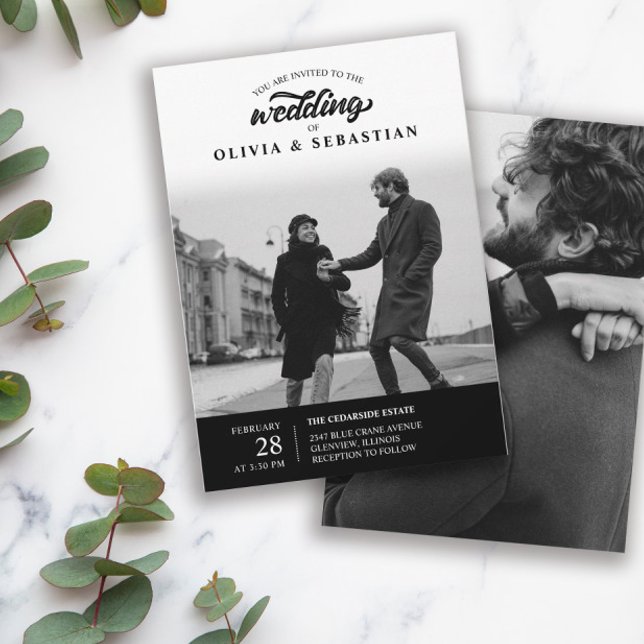 Black Elegant Typography Photo Wedding Invitation (Creator Uploaded)