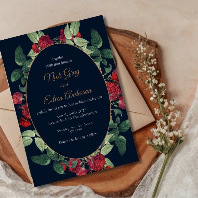 Black Elegant Vintage Goth Wedding Invitation (Elegant Watercolor Red Floral Wedding Invite)