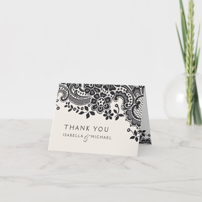 Black elegant vintage lace wedding thank you card (Front)