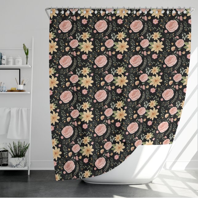 Black Elegant Vintage Wildflower Rose Pattern  Shower Curtain (Black Elegant Vintage Wildflower Rose Pattern Shower Curtain
)