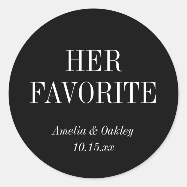 Black Elegant Wedding Favor Her Favorite Custom  Classic Round Sticker (Front)