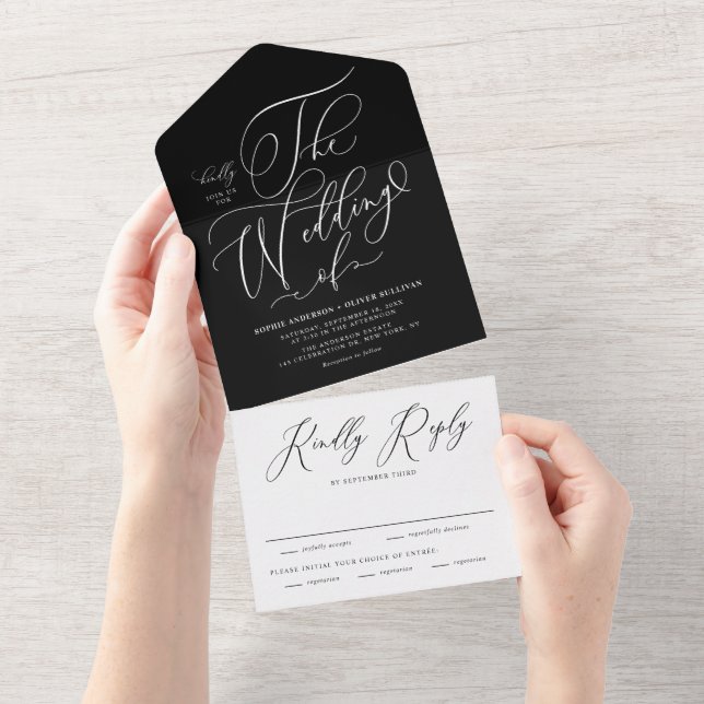Black Elegant Whimsical Calligraphy Wedding All In One Invitation (Tearaway)