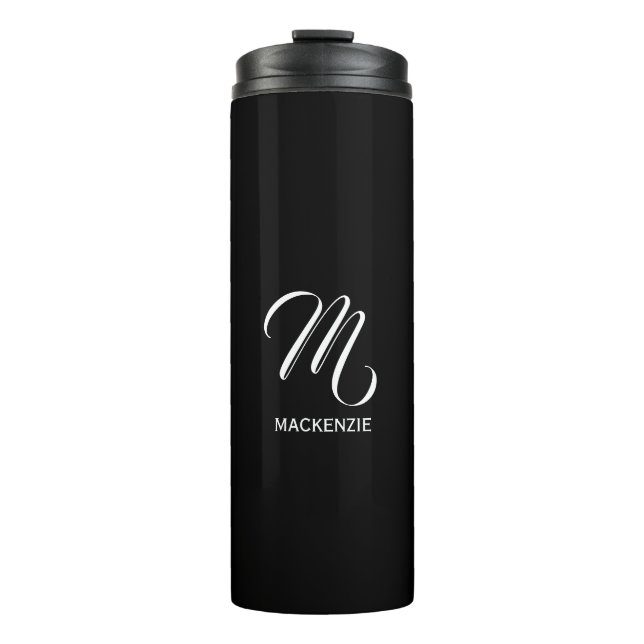 Black Elegant White Custom Monogram with Name Thermal Tumbler (Front)