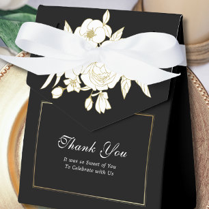 Black Elegant White Gold Floral Script Wedding Favour Box