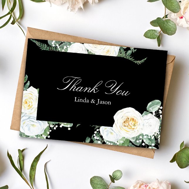 Black Elegant White Roses Wedding Thank You Card (Creator Uploaded)