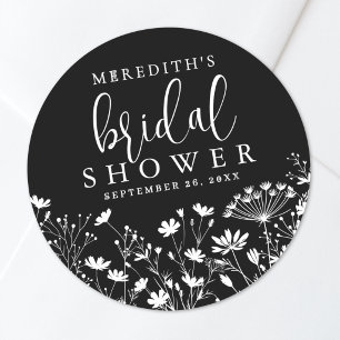 Black Elegant Wildflower Bridal Shower Classic Round Sticker