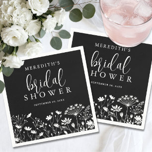 Black Elegant Wildflower Bridal Shower Napkin